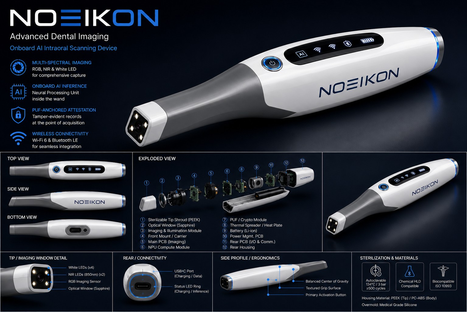 Noeikon Advanced Dental Imaging — full product render with views, exploded diagram, and feature callouts